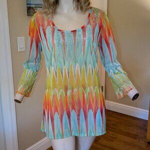 INC Colorful Mesh Tunic with Sparkly Silver Details Size L Large EXC